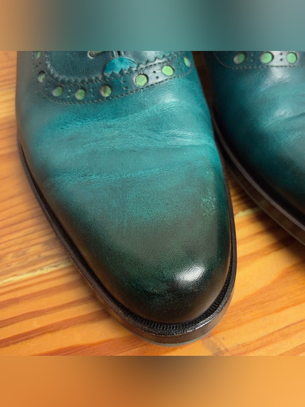 John Fluevog Granville Shoes Men's 8 Turquoise Leather Oxford Brogue Plain Toe - Picture 11 of 16